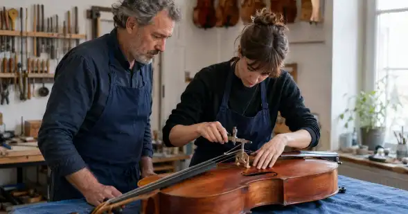 Un hombre y una mujer reparan juntos un violonchelo sobre una mesa de taller.