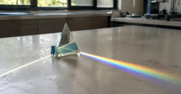 Un prisma de vidrio divide un haz de luz blanca en un espectro de colores sobre la mesa.