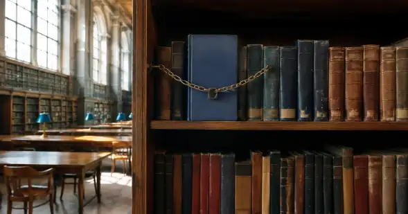 Un libro azul está encadenado al estante entre varios libros antiguos dentro de una biblioteca.