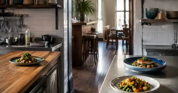 Dos zonas de cocina separadas por un muro muestran platos terminados en superficies distintas.