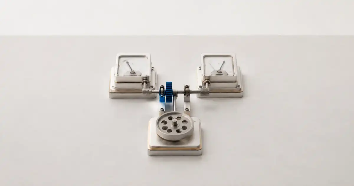 Tres instrumentos de medición están conectados entre sí mediante acoplamientos, con una pieza azul en el centro.