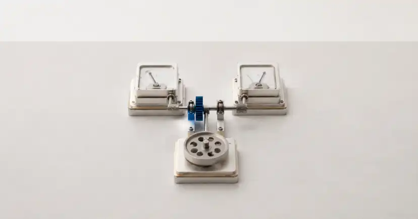 Tres instrumentos de medición están conectados entre sí mediante acoplamientos, con una pieza azul en el centro.