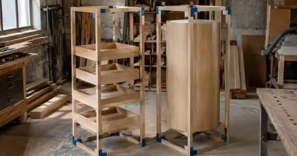 Dos estructuras altas de madera comparten el mismo bastidor, aunque una tiene estantes y la otra está cerrada.