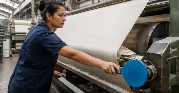 Una operaria controla el paso de una gran lámina por una máquina de rodillos mediante una rueda azul.