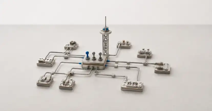 Una red de pequeñas estaciones se organiza alrededor de una plataforma central elevada con controles azules.