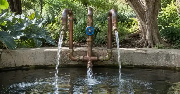 Tres tuberías descargan agua en un estanque; la tubería central incorpora una válvula azul de control.