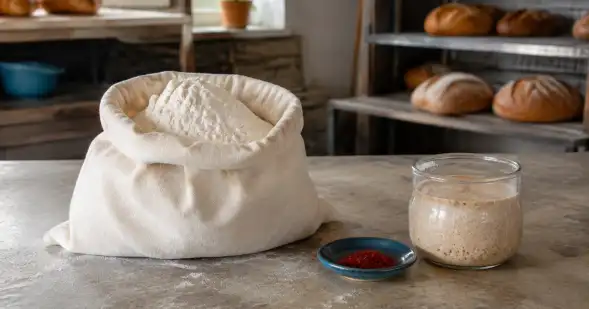 Un saco de harina y un frasco con masa madre están juntos sobre una mesa de panadería.