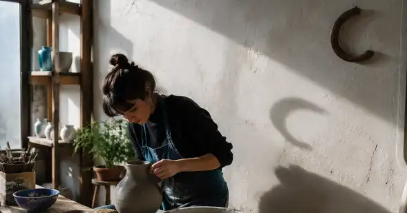 Una ceramista modela una vasija mientras una gran sombra curva aparece proyectada en la pared.