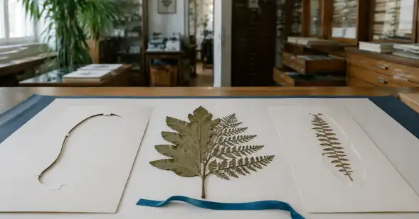 Tres muestras botánicas prensadas están montadas en hojas de archivo dentro de un herbario.