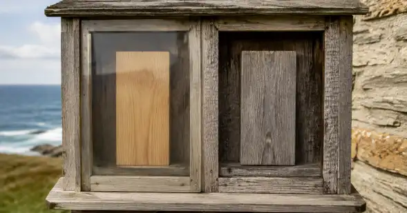 Un pequeño gabinete de madera muestra lado a lado un panel nuevo y otro muy envejecido frente al mar.