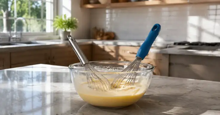 Dos batidores con mangos diferentes están dentro del mismo recipiente con una mezcla de cocina.