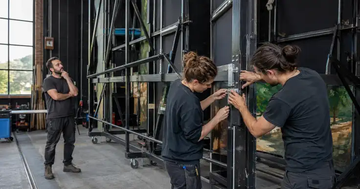 Cuatro personas trabajan alrededor de una gran estructura vertical, mientras una de ellas observa desde cierta distancia.