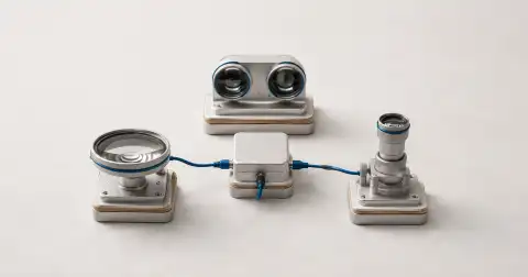Tres instrumentos ópticos con niveles de enfoque distintos están conectados a un módulo central.