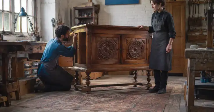 Dos restauradores inspeccionan el mismo mueble desde posiciones físicas diferentes, uno arrodillado y otro de pie.
