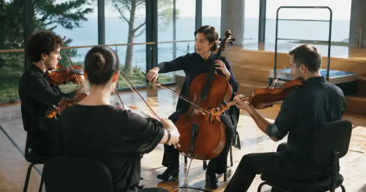 Cuatro músicos de cuerda tocan en círculo, coordinándose entre sí sin un director visible.