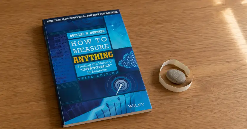 Portada de How to Measure Anything sobre una mesa de madera, junto a una cinta métrica enrollada.