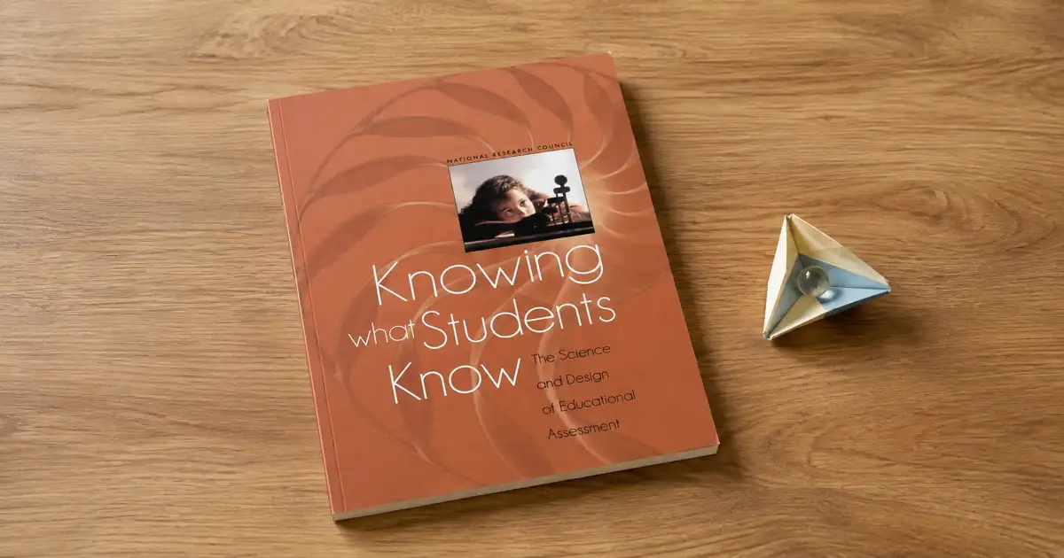 Portada de Knowing What Students Know sobre una mesa de madera, junto a una escuadra triangular metálica.