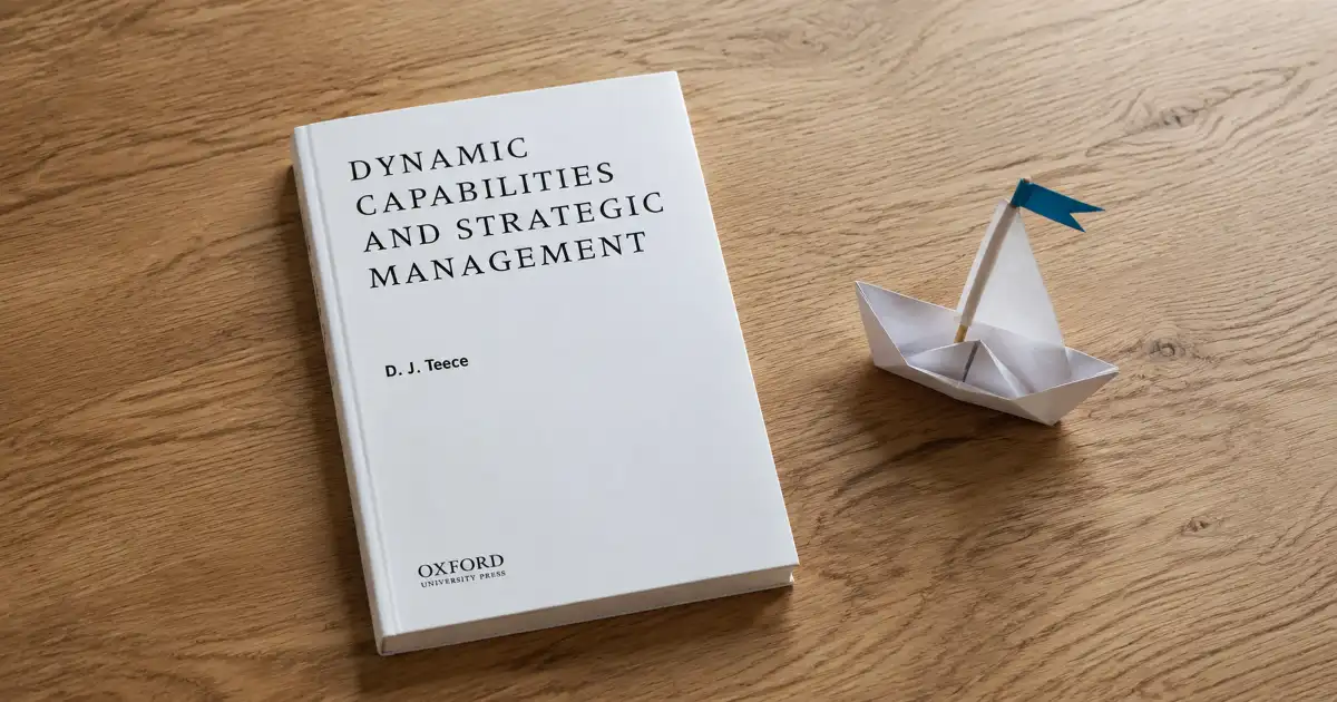 Portada de Dynamic Capabilities and Strategic Management sobre una mesa de madera, junto a un velero de papel.
