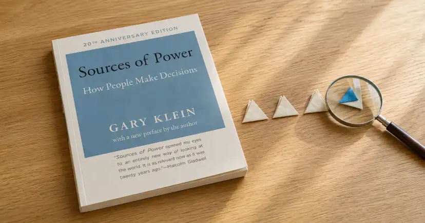 Portada de Sources of Power sobre una mesa de madera, junto a piezas geométricas y una lupa.