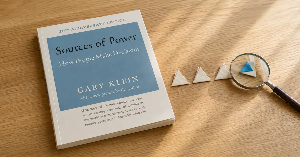 Portada de Sources of Power sobre una mesa de madera, junto a piezas geométricas y una lupa.